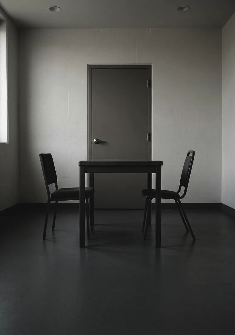 Sala de declaración en comisaría con una mesa y dos sillas