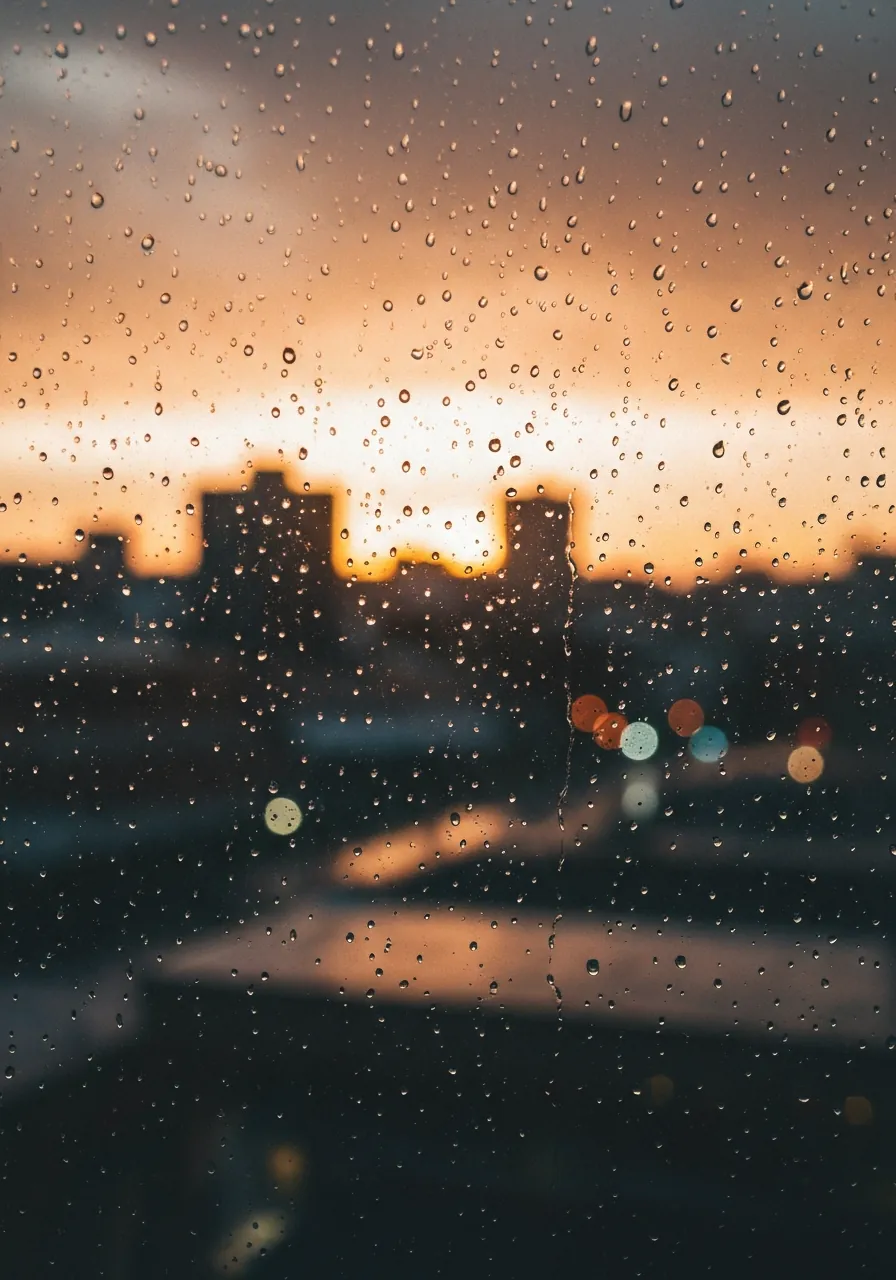Lluvia en una ventana al anochecer
