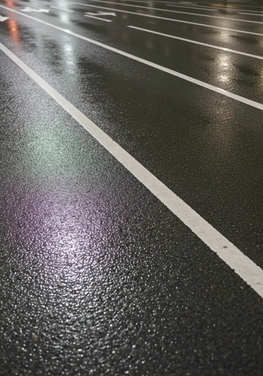Asfalto mojado con líneas de carril de noche