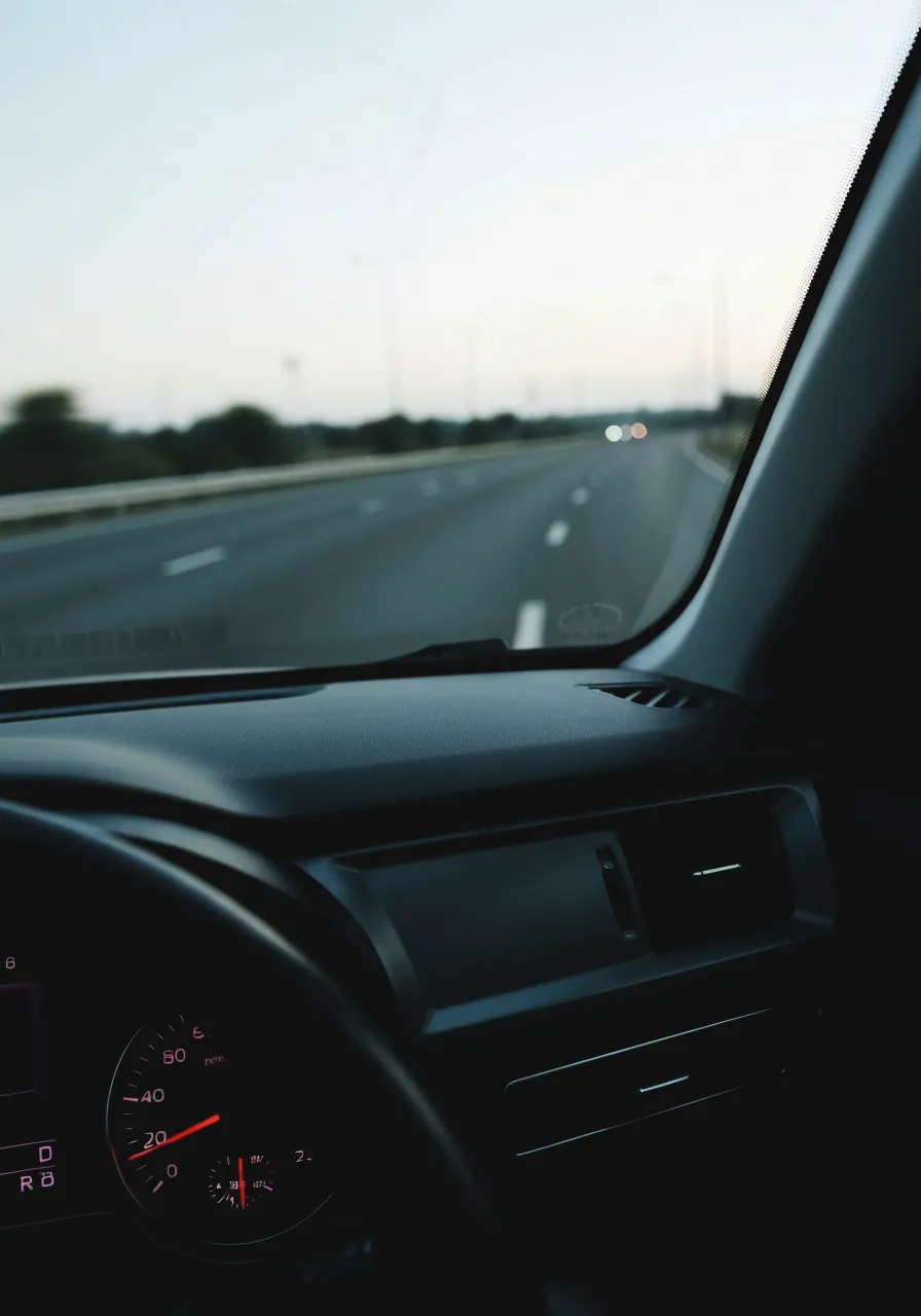 Cuadro de mandos de un coche al anochecer