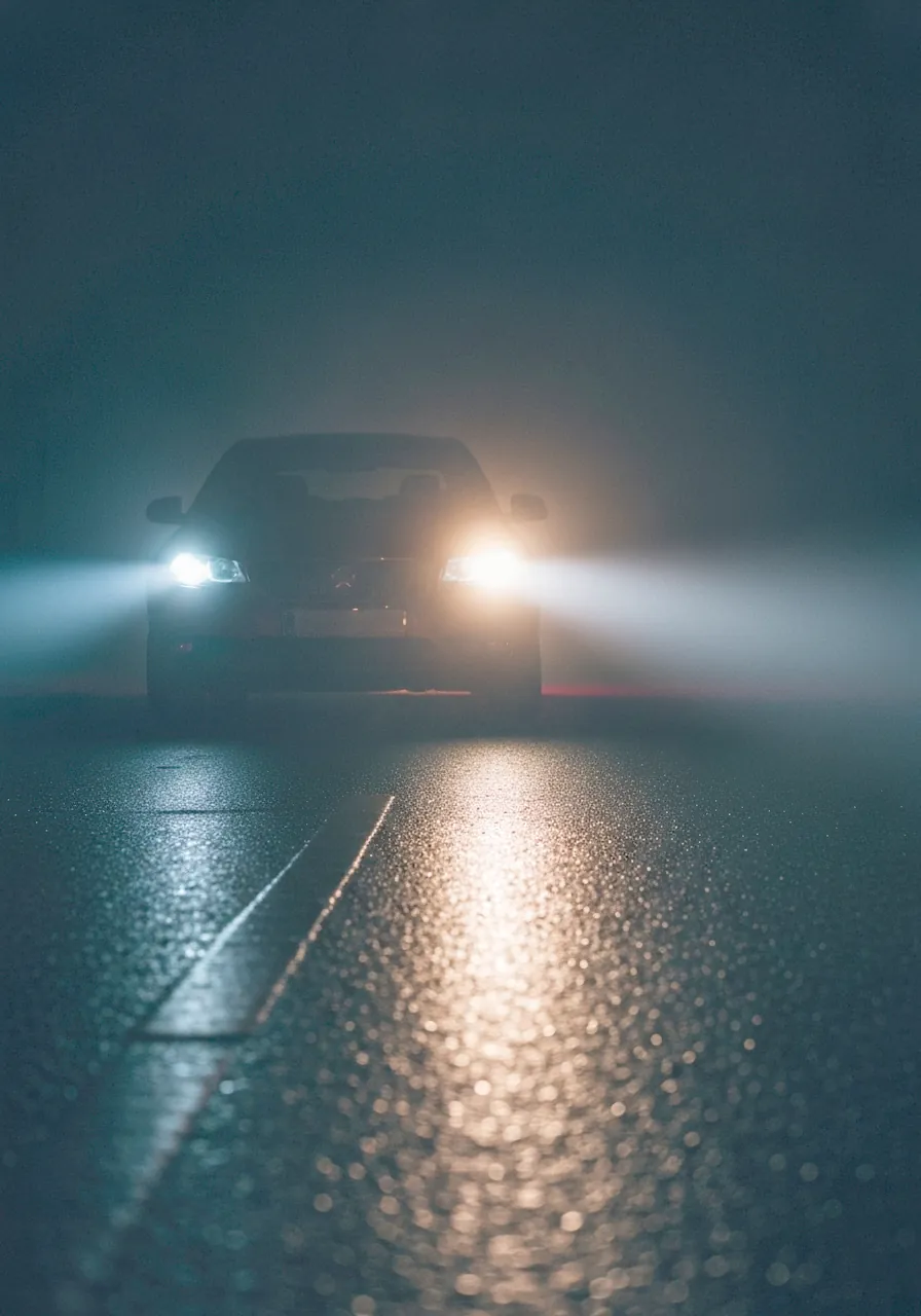 Faro de un coche encendido en carretera mojada